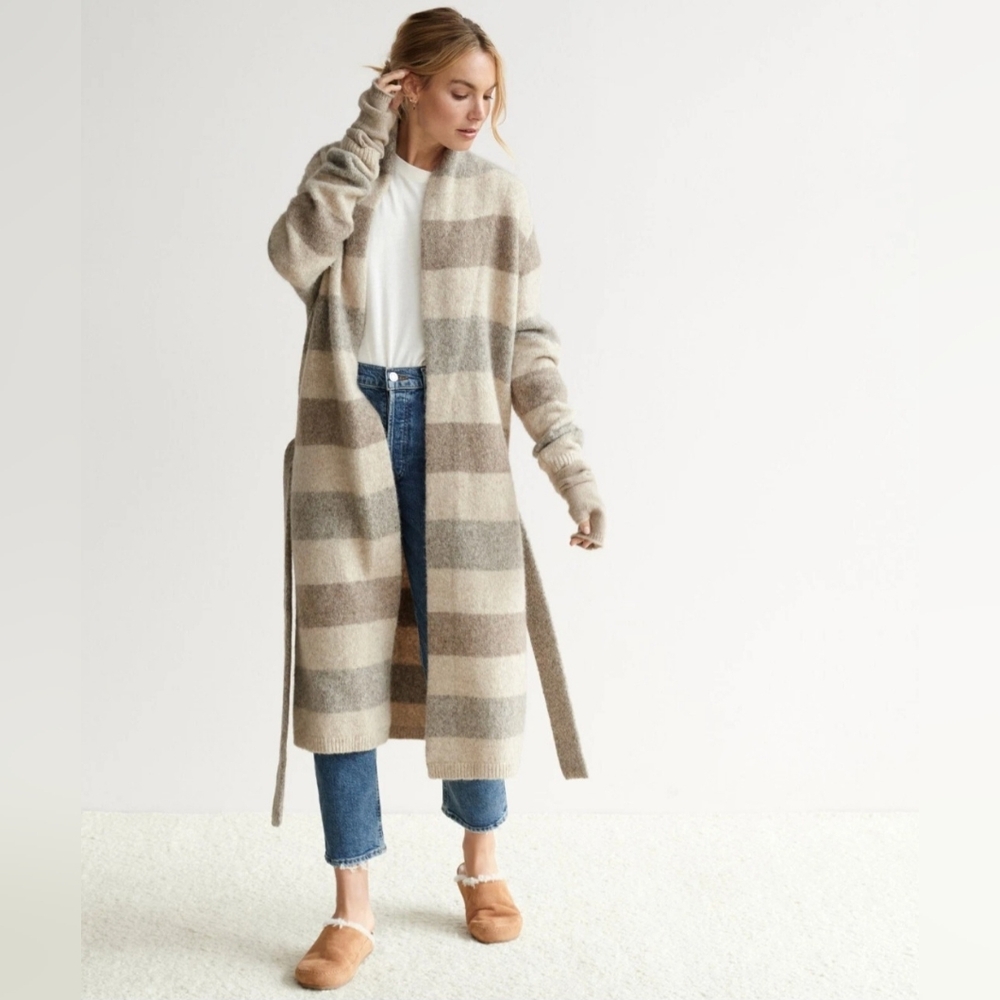 JENNI KAYNE Belted Sweater Coat Oatmeal Stripe XXS